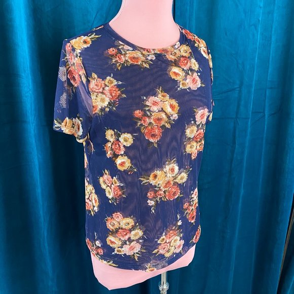 Halogen  Floral Print Short Sleeve Mesh Blouse Tops - Picture 2 of 7